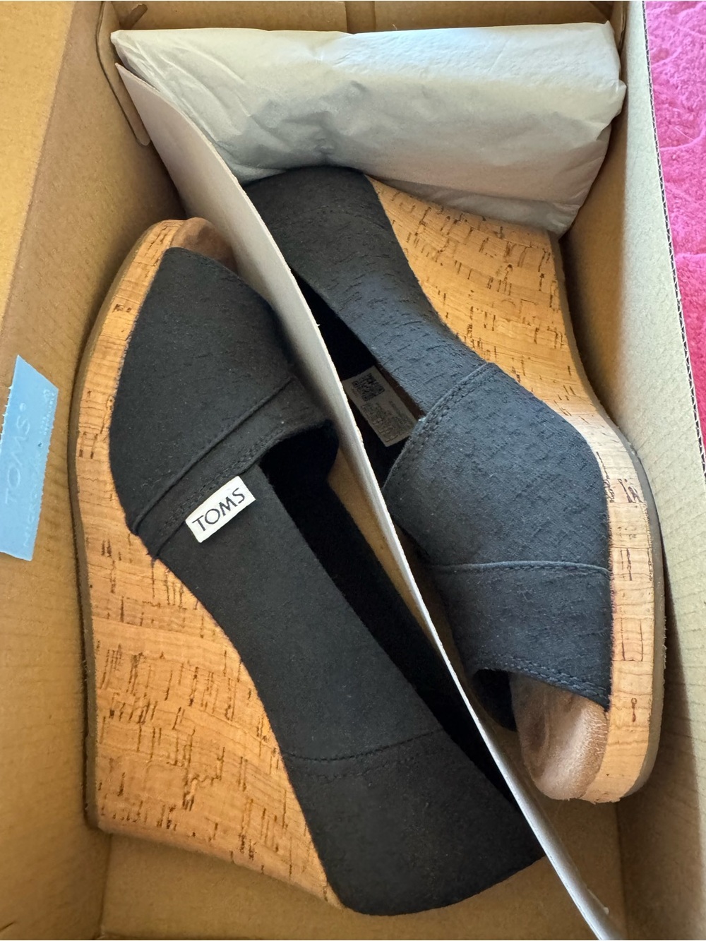 Toms Black Canvas Cork Wedge Espadrille